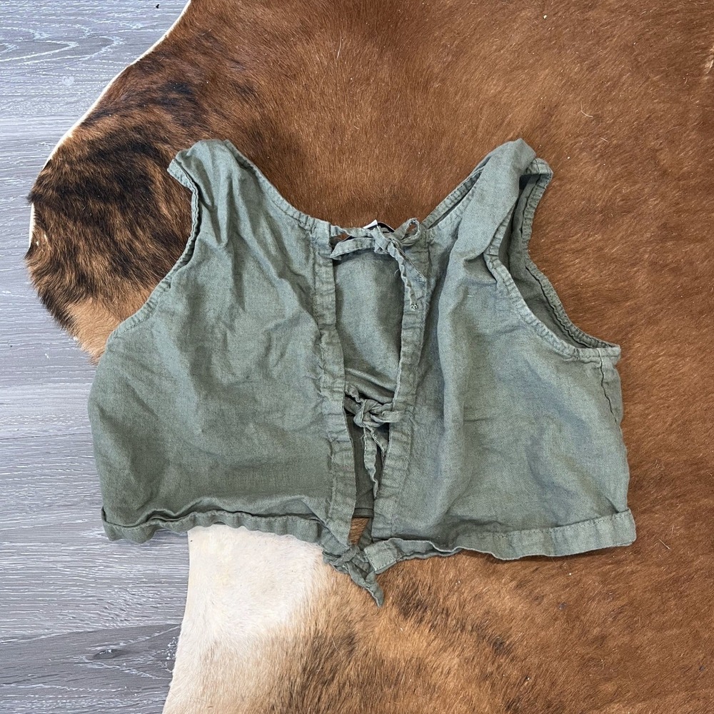 Côtes et Lin France Olive Green Linen Tie-Front Crop Top Size M